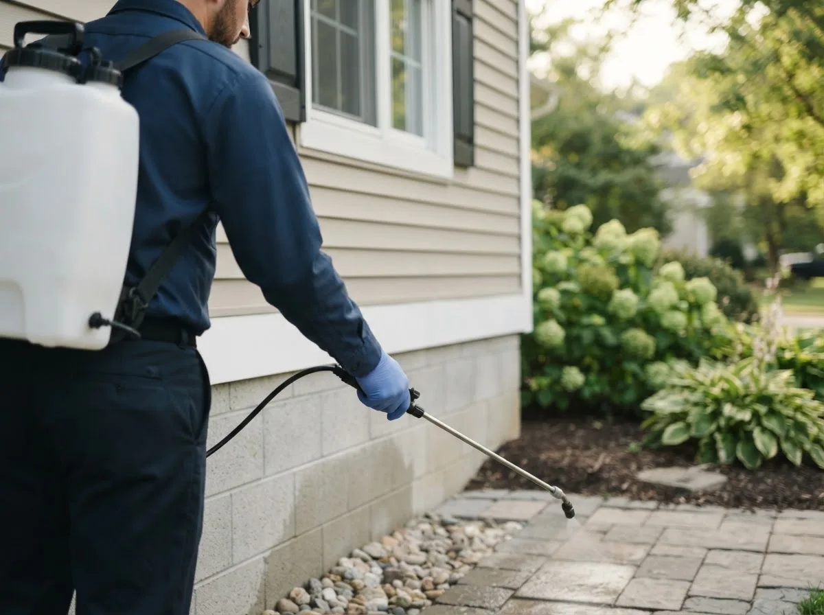 Pest control technician inspecting a home in Branchport, NY